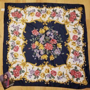 BERKSHIRE Vintage Large Navy Floral Print Challis Scarf 30" + Booklet How to Tie